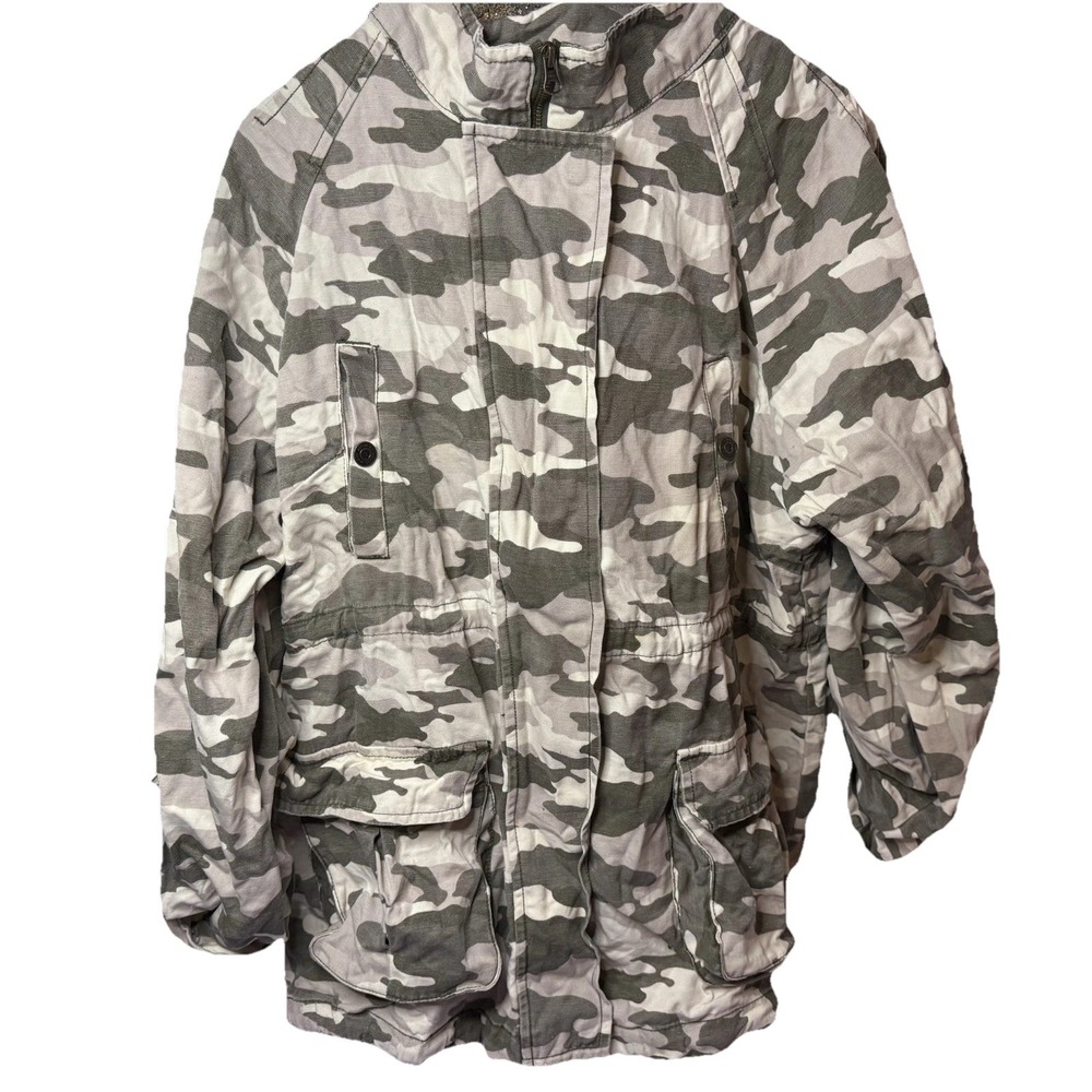 Kensie Jeans Jacket Womens XL Gray White Camo Camouflage Full Zip Up Denim